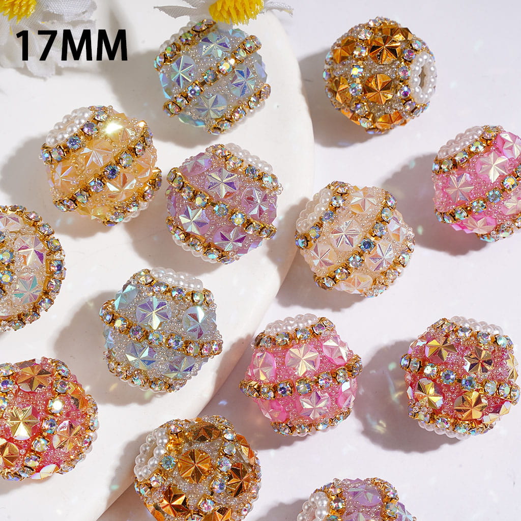 UV Coating Snowflake Rhinestone & Pearl Pave Acrylic Sugar Beads, 17MM, Assorted Colors, Random Mix