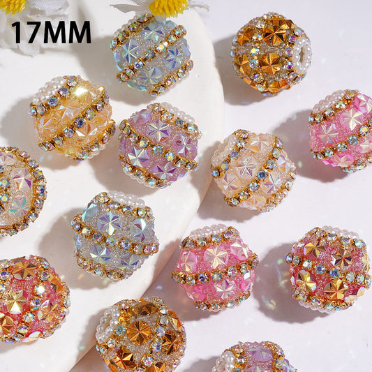 UV Coating Snowflake Rhinestone & Pearl Pave Acrylic Sugar Beads, 17MM, Assorted Colors, Random Mix