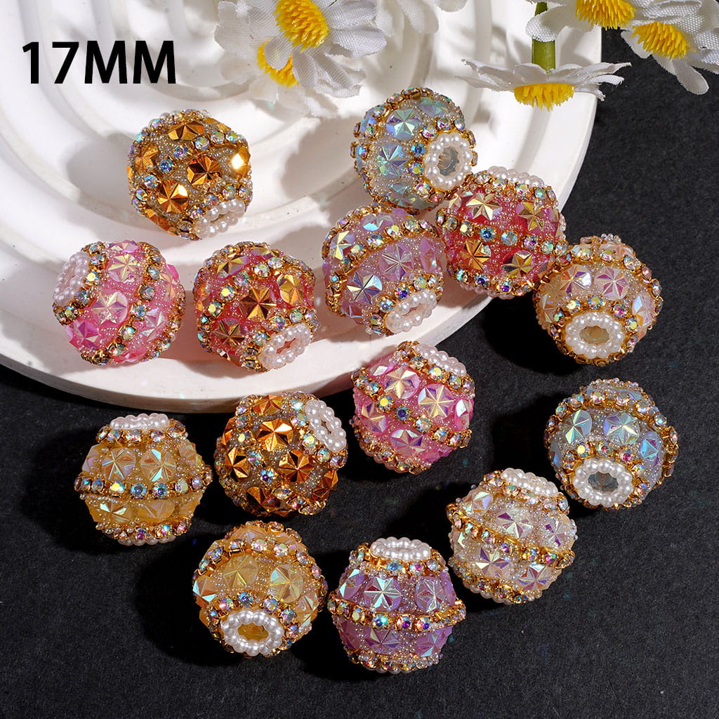 UV Coating Snowflake Rhinestone & Pearl Pave Acrylic Sugar Beads, 17MM, Assorted Colors, Random Mix