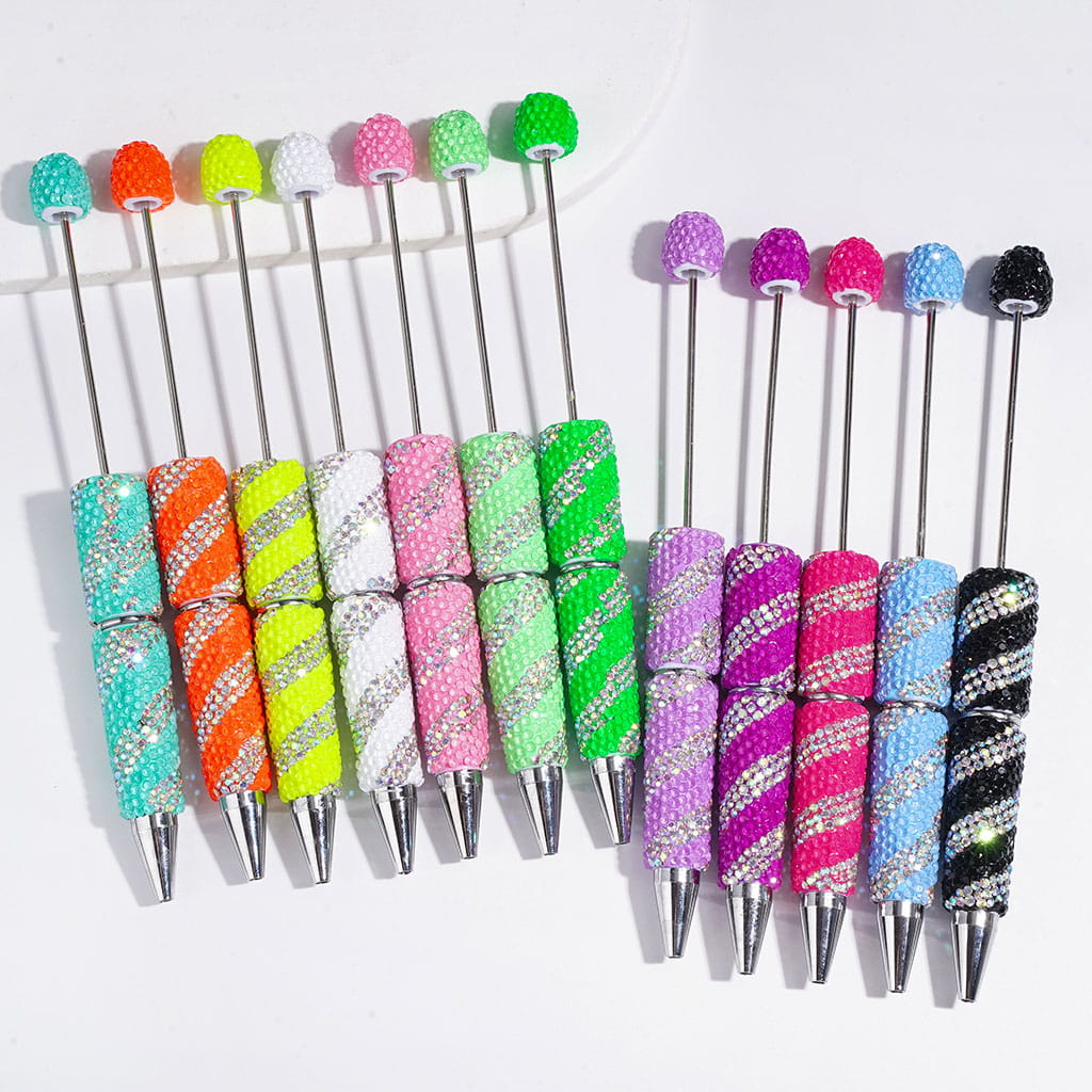 Elegant Oblique Stripe Double-Color Sparkling Rhinestone Covered Design Beadable Clay Pen, Multicolor