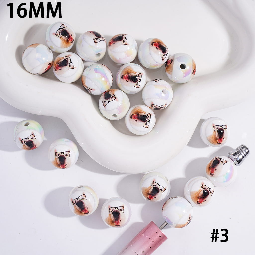 UV Coated Funny Dog Series Acrylic Beads for Bracelets Various Types 16 mm