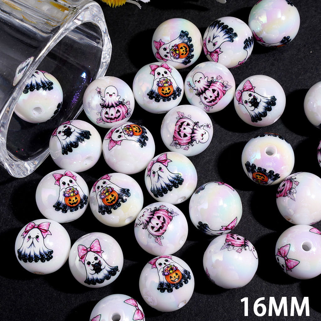 UV Coated Acrylic Beads Halloween Ghost Pumpkin Bat Pink Bow Prints, 16MM, Random Mix