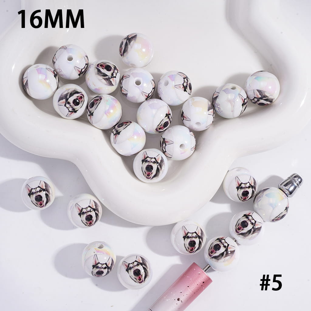 UV Coated Funny Dog Series Acrylic Beads for Bracelets Various Types 16 mm