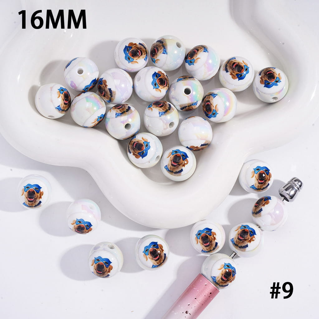 UV Coated Funny Dog Series Acrylic Beads for Bracelets Various Types 16 mm