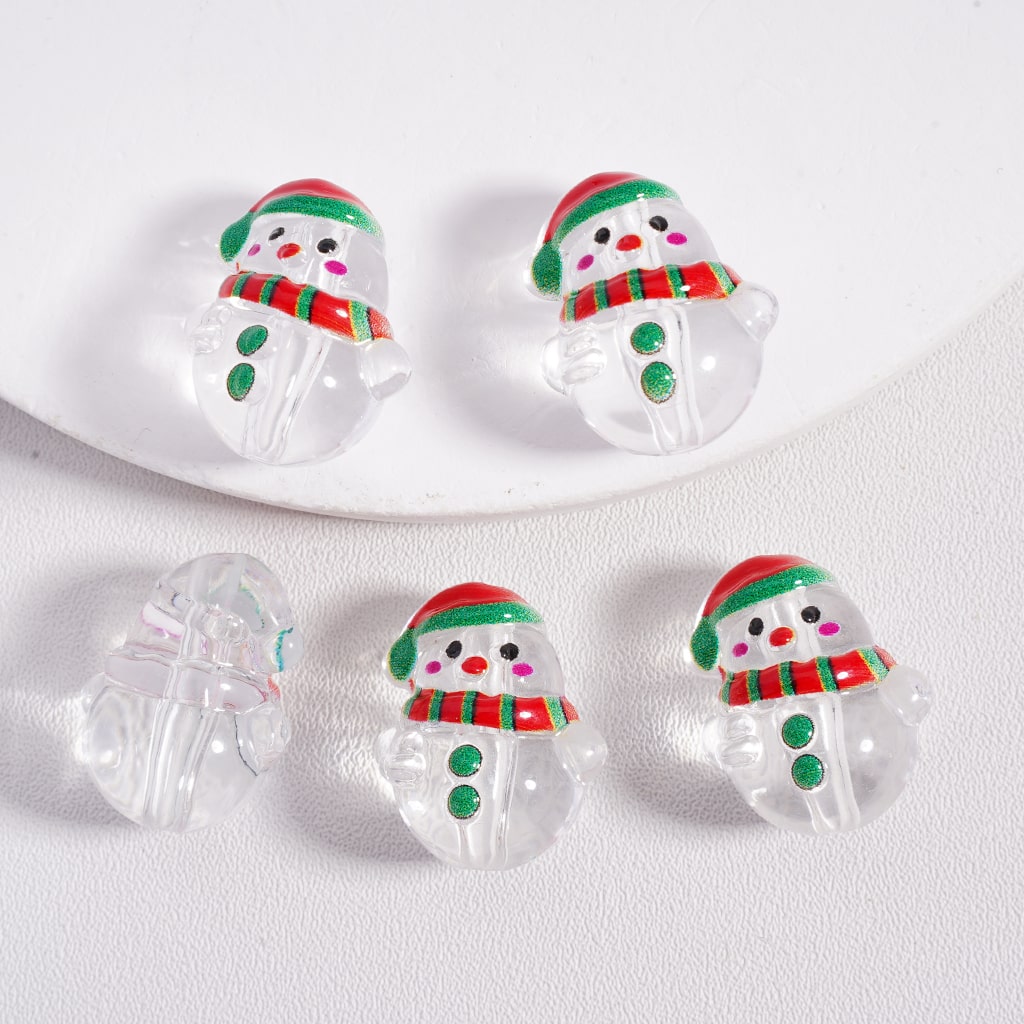 Christmas White Snowman with Red Green Hat & Scarf, Clear & Frosted Acrylic Beads 16*20mm