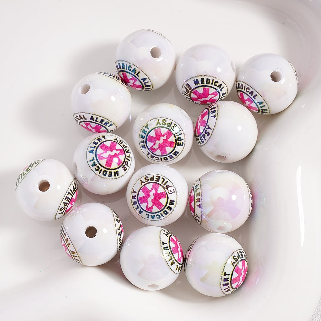 UV Coated White Medical Alert Diabetes Epilepsy Series with UV Finish Acrylic Beads 16mm Round