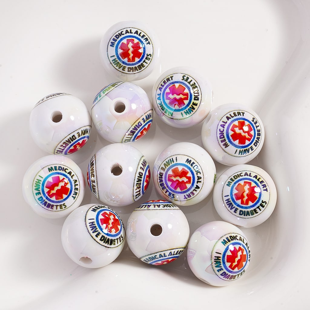 UV Coated White Medical Alert Diabetes Epilepsy Series with UV Finish Acrylic Beads 16mm Round