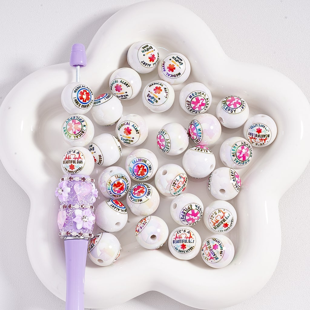 UV Coated White Medical Alert Diabetes Epilepsy Series with UV Finish Acrylic Beads 16mm Round