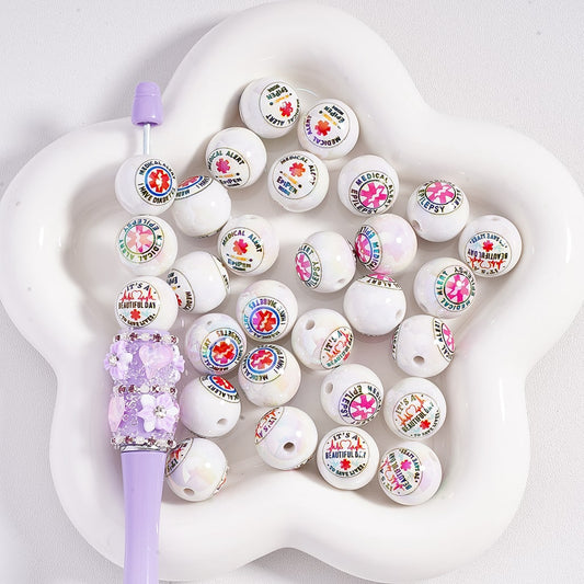 UV Coated White Medical Alert Diabetes Epilepsy Series with UV Finish Acrylic Beads 16mm Round
