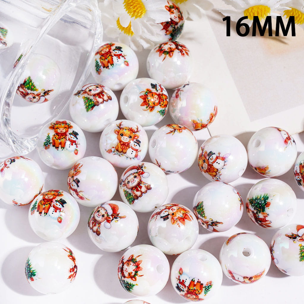 UV Coated Acrylic Beads for Bracelets Christmas Series, Christmas Tree Snowman Cow Reindeer, 16MM Random Mix