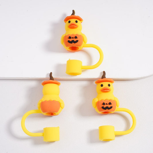 Festive Yellow Duckling Holds Ghost Pumpkin Design Food Grade Tumbler Silicone Straw Topper