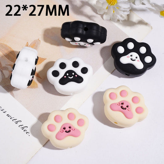 Cute Cat Paw Print Silicone Focal Beads with Smiling Face, 22*27MM, Assorted Colors, Random Mix