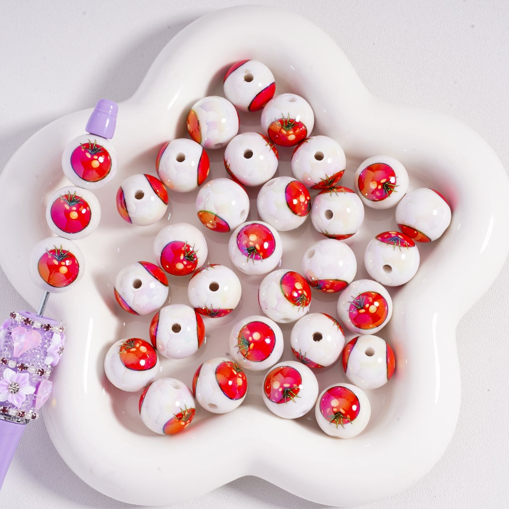 White Base UV Coating Tomato Print Acrylic Beads 16MM