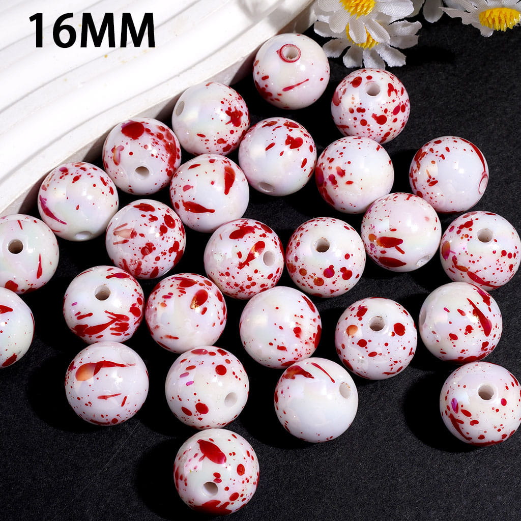 UV Coating Acrylic Beads for Bracelets with Red Spots Prints 16MM Random Mix