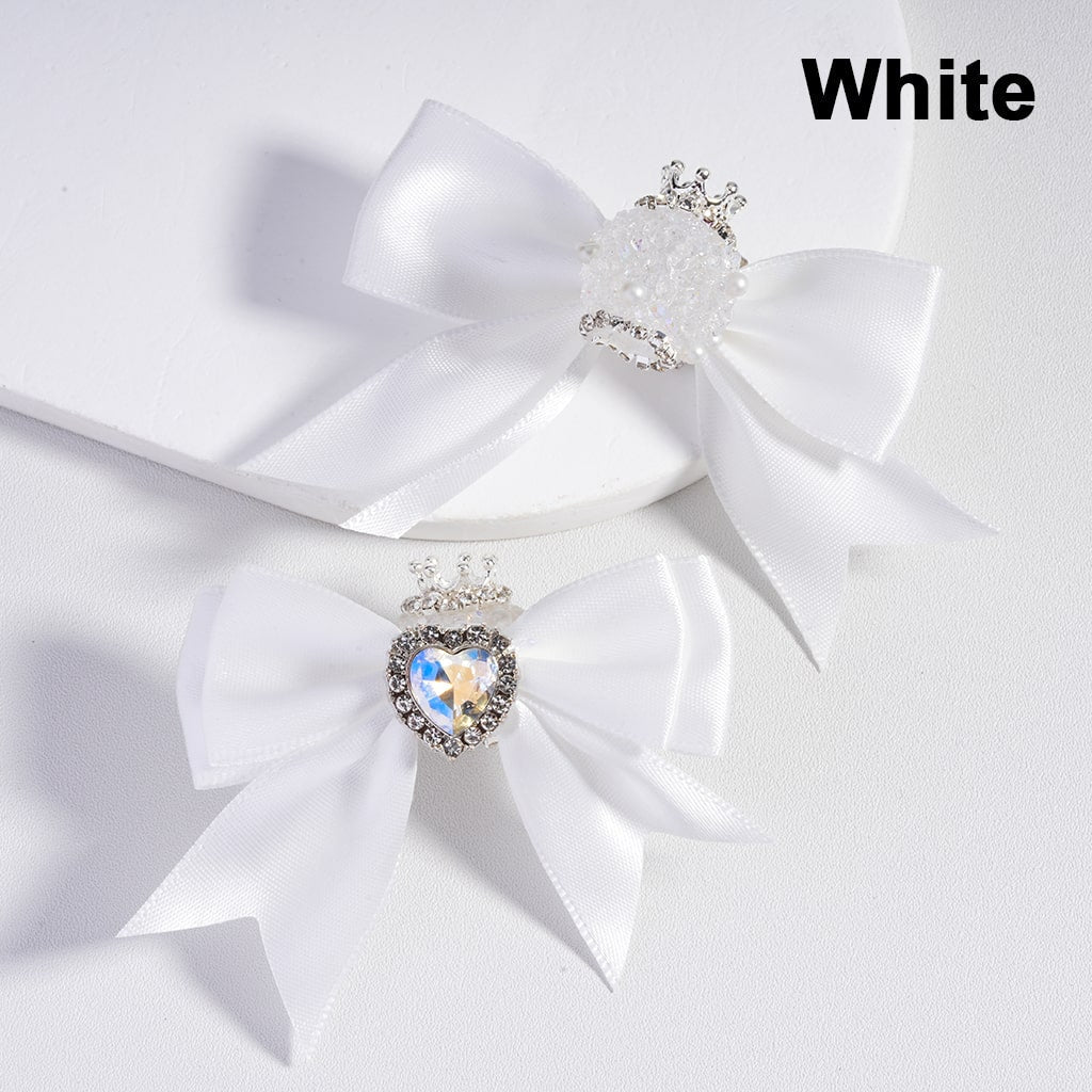 Large Fabric Bowtie with Heart Shape Shiny Rhinestones White Pearls Silver Alloy Crown Acrylic Beads in Solid Color (The Bowtie is around 65MM Wide)