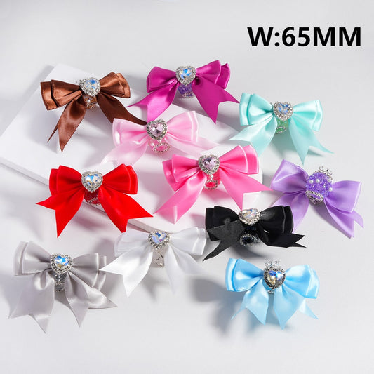 Royal Fabric Bow Bead Rhinestone Heart, Pearl Embellishment, Silver Crown, Solid Colors(The Bowknot is around 65MM Wide)