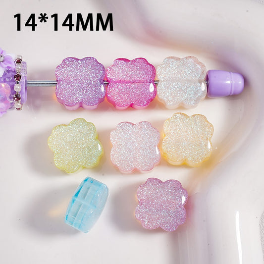UV Shiny Glitter Four Leaf Clover Multi Color Acrylic Beads 14*14MM, Random Mix