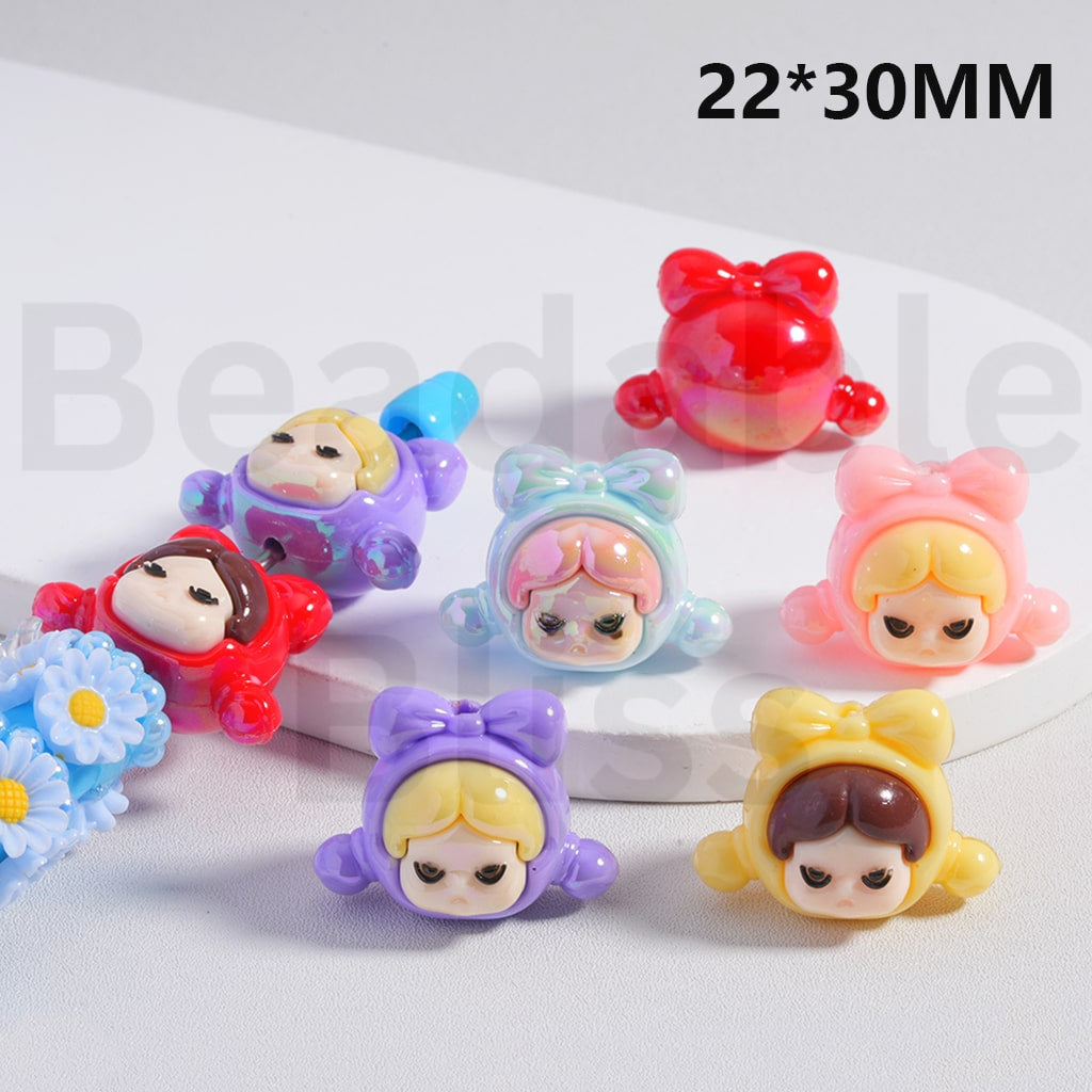 Soft PVC Beads UV Coating Cute Girl with Hat Bowknot Monster Doll Multi-Color Around 22*30MM, Random Mix