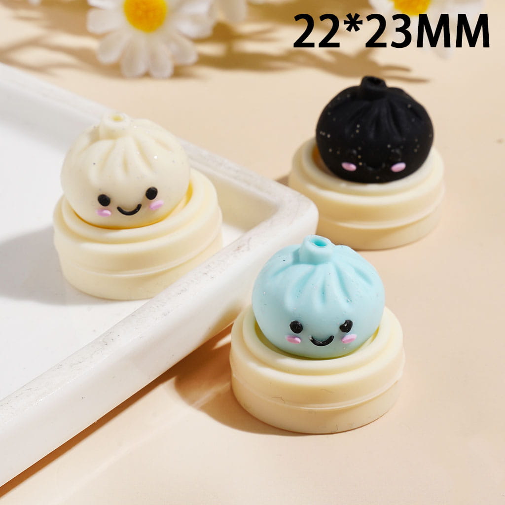 3D Smiling Dumpling with Silver Glitter on Steamer Basket Silicone Focal Beads Multi Colors