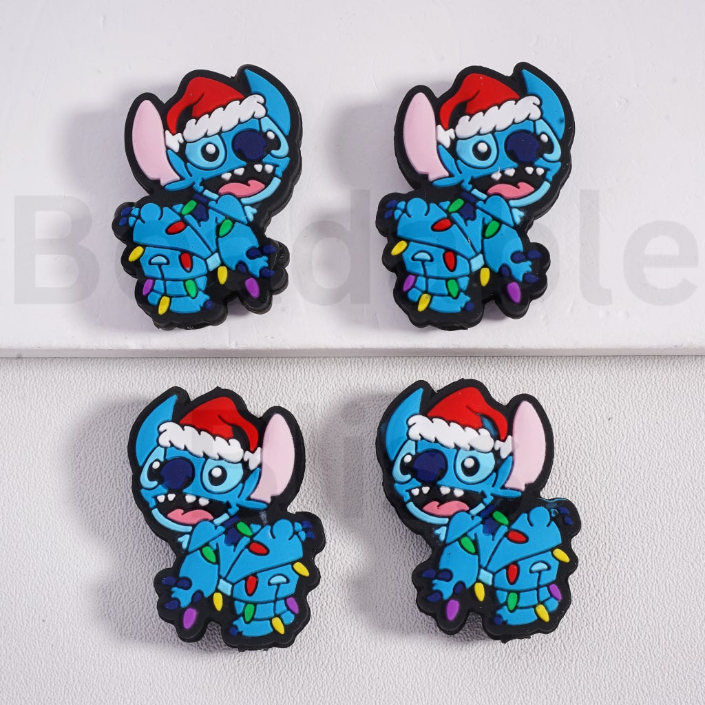 Blue Cartoon Character with Santa Hat & Holiday Lights Christmas Silicone Beads