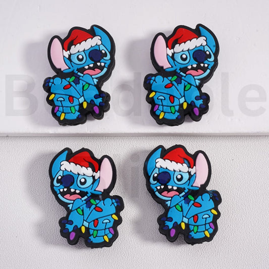 Blue Cartoon Character with Santa Hat & Holiday Lights Christmas Silicone Beads