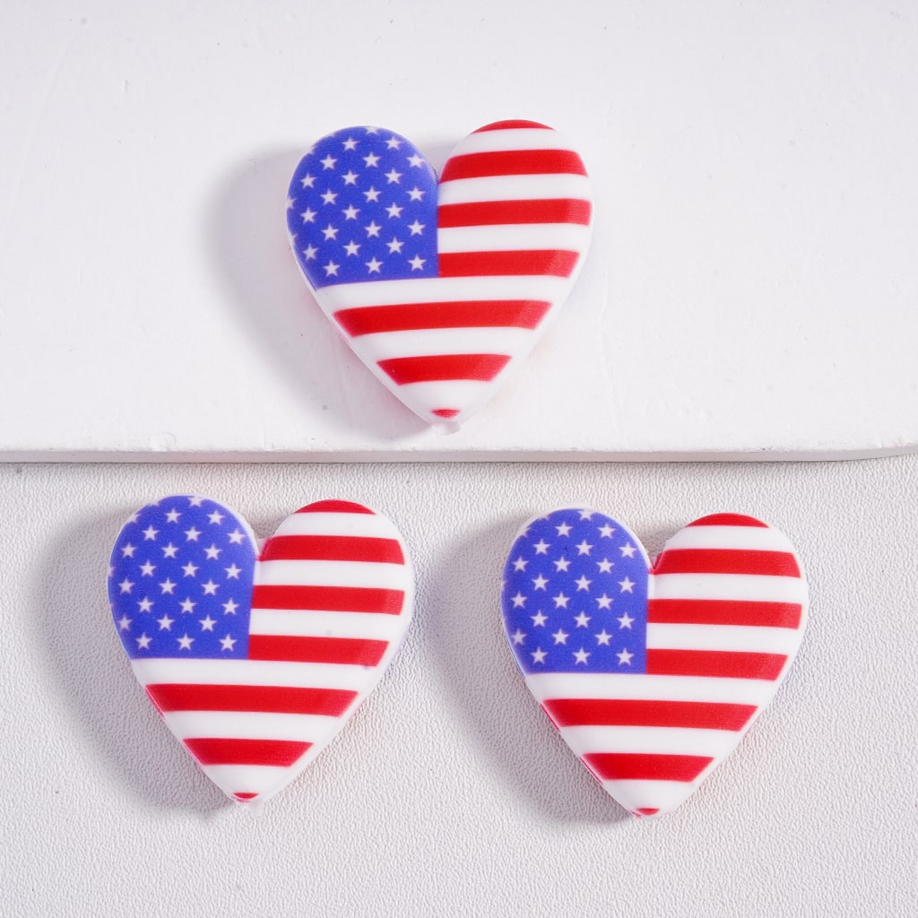 3D USA Flag Heart Shaped Flag Design Patriotic Craft Supplies Patriotic Red, White & Blue Silicone Focal Beads
