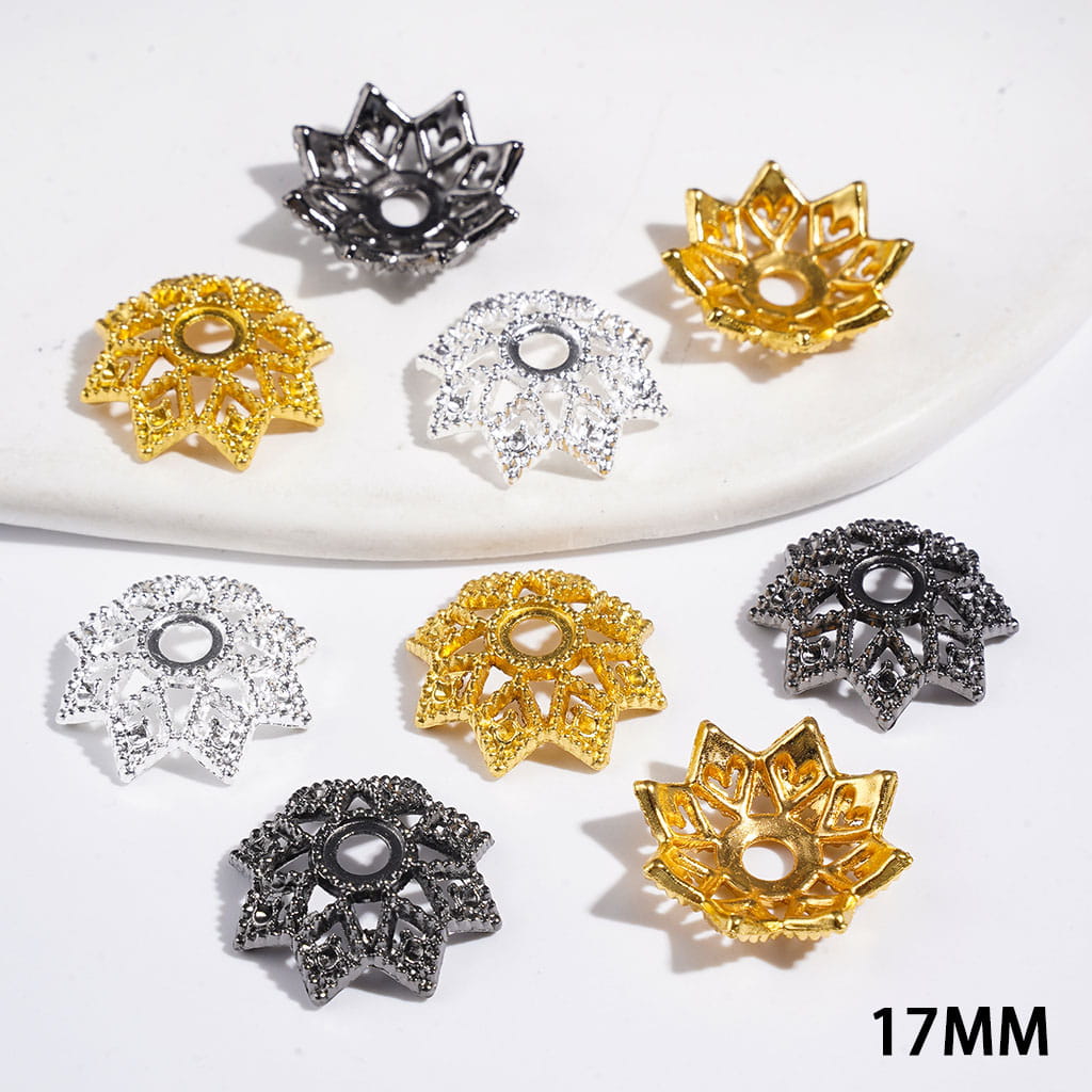 Elegant Eight-Petaled Lotus Flower Hollow Alloy Bead Cap Cages, 17MM, Multicolor, (They Fit 16MM Beads)