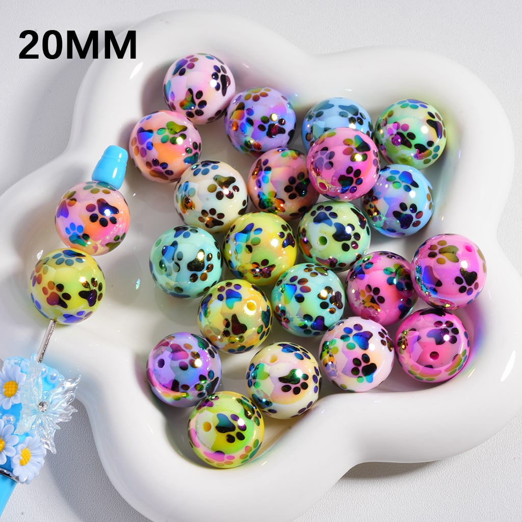 UV Coating Cute Paw Prints Multi Color Acrylic Beads 20MM Random Mix