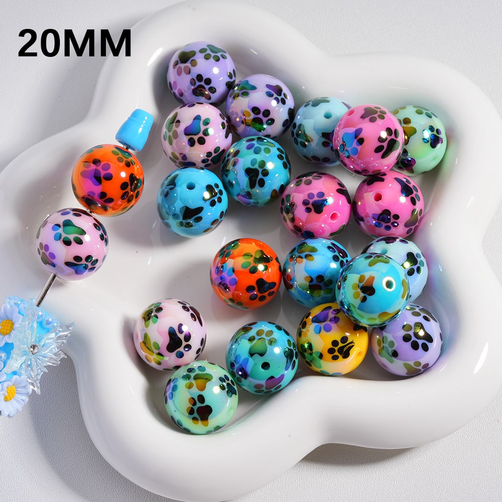 UV Coating Cute Paw Prints Multi Color Acrylic Beads 20MM Random Mix
