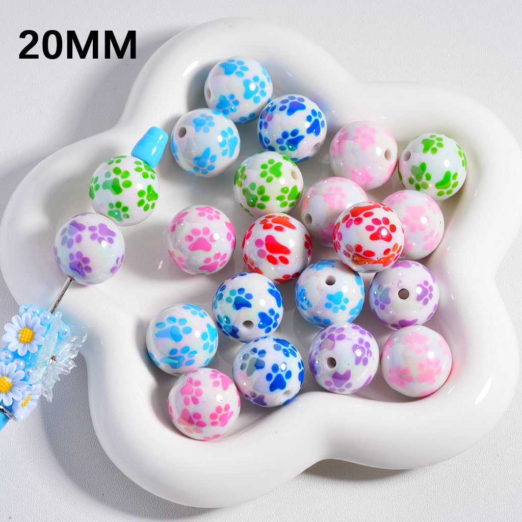 UV Coating Cute Paw Prints Multi Color Acrylic Beads 20MM Random Mix