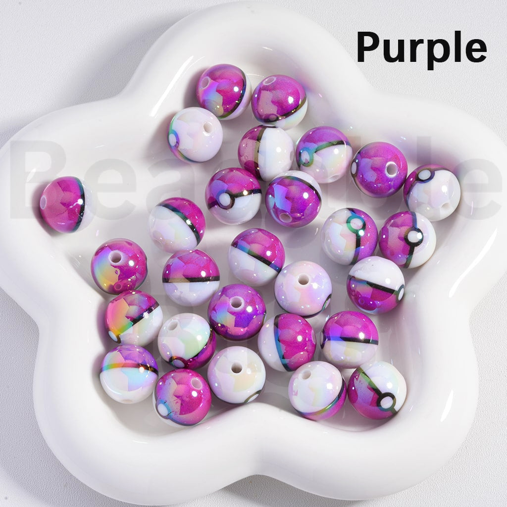 Glossy Acrylic Beads Poke Ball Design Japanese Anime Theme 16MM Solid Color