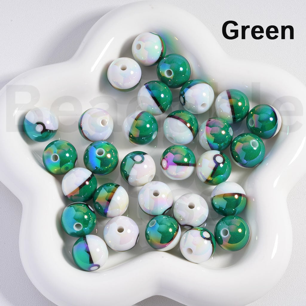 Glossy Acrylic Beads Poke Ball Design Japanese Anime Theme 16MM Solid Color