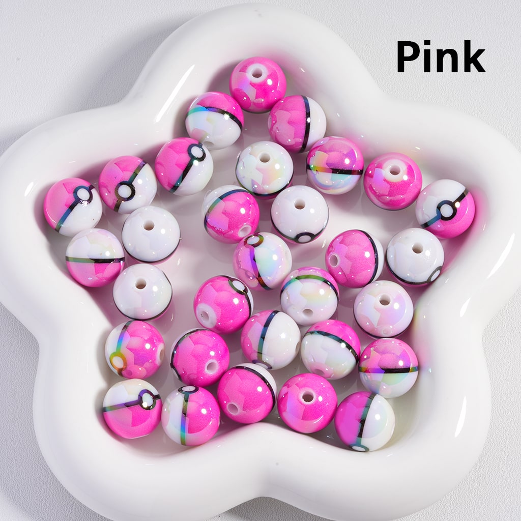 Glossy Acrylic Beads Poke Ball Design Japanese Anime Theme 16MM Solid Color