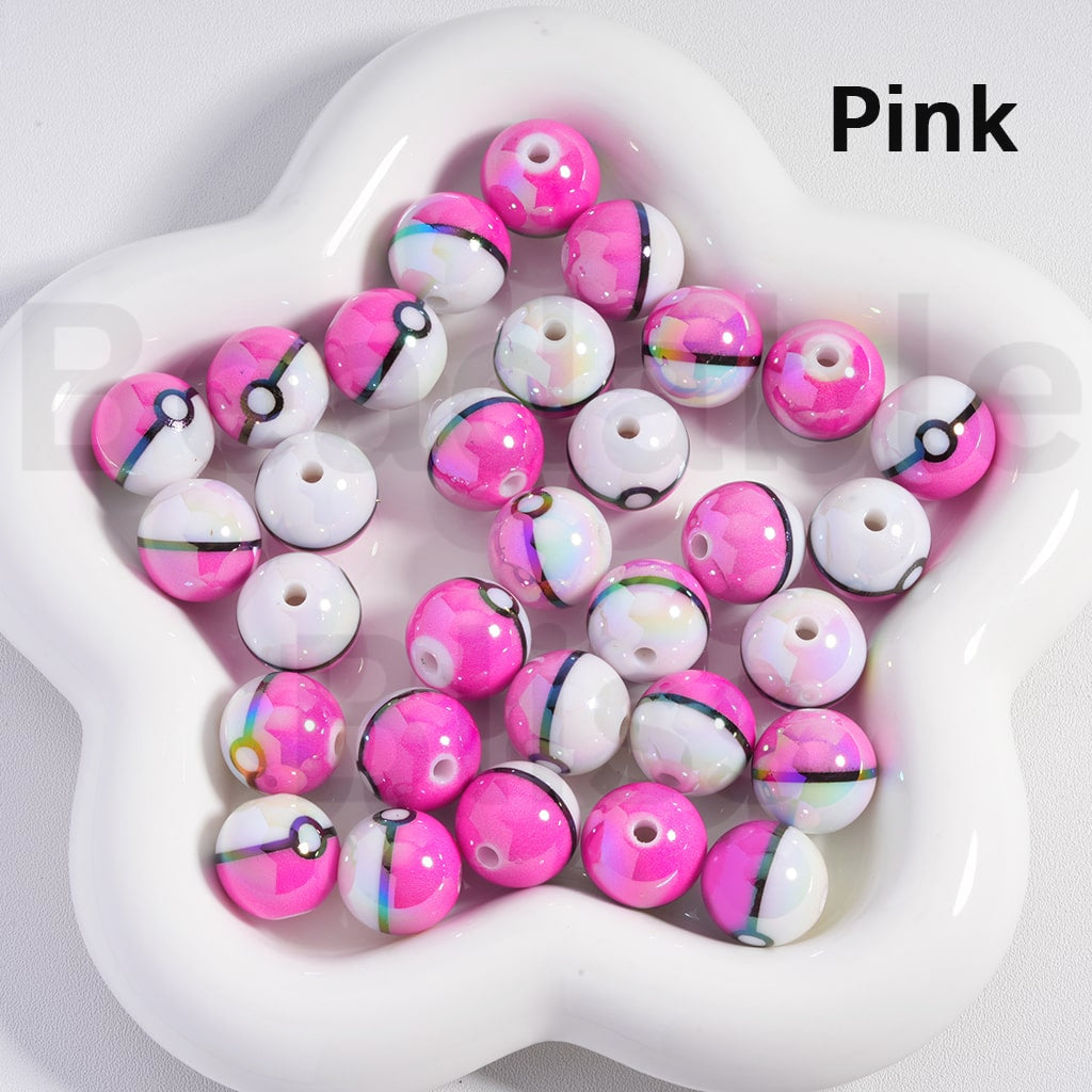Glossy Acrylic Beads Poke Ball Design Japanese Anime Theme 16MM Solid Color