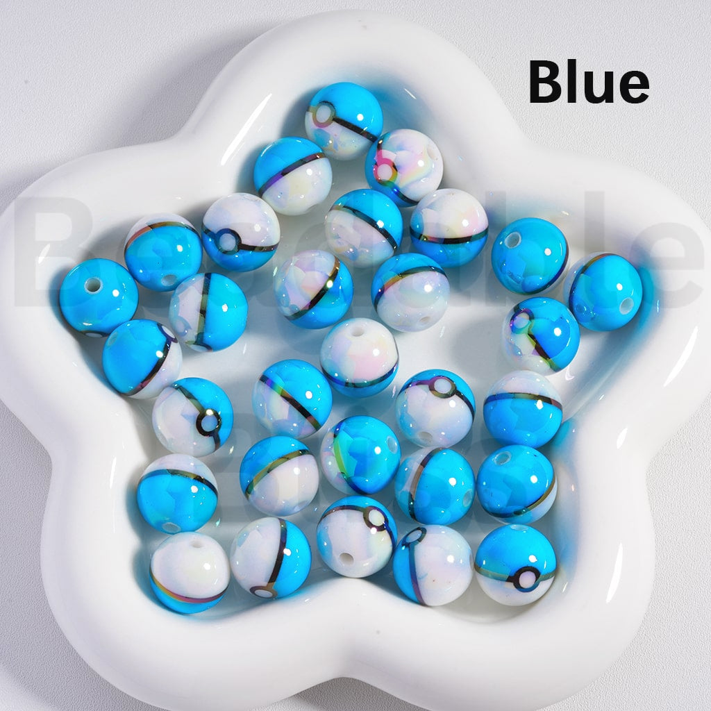 Glossy Acrylic Beads Poke Ball Design Japanese Anime Theme 16MM Solid Color