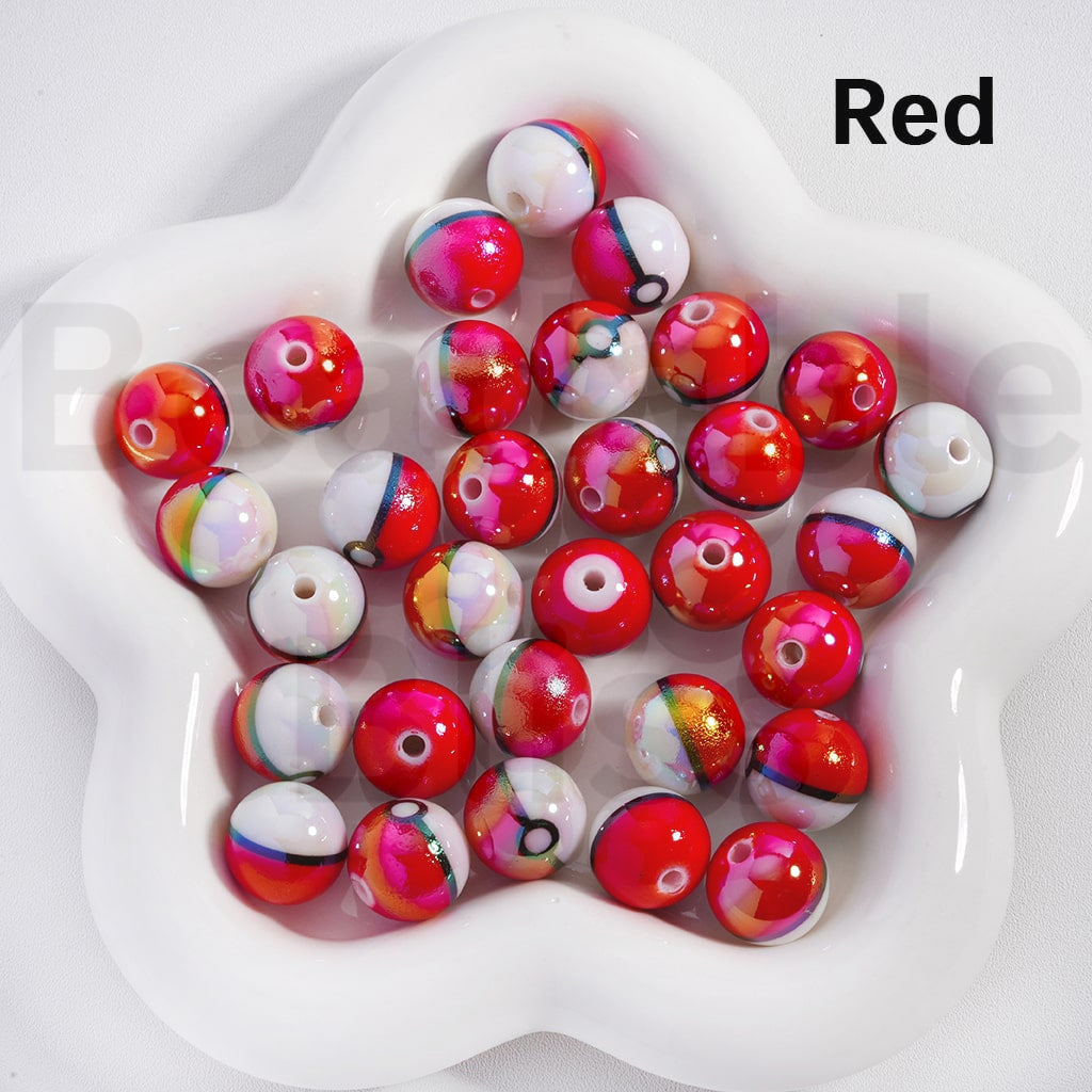 Glossy Acrylic Beads Poke Ball Design Japanese Anime Theme 16MM Solid Color