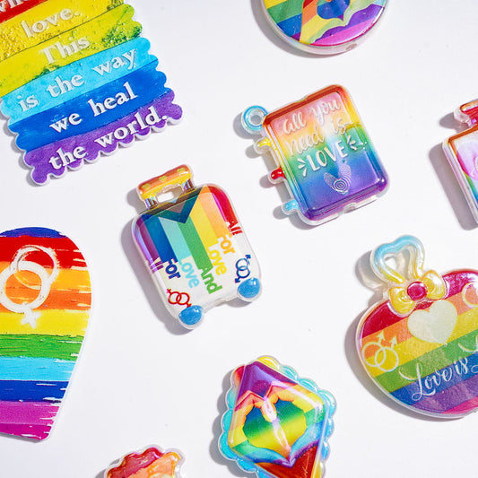 UV-Coated Colorful Rainbow-Striped Pattern Humor Series Acrylic Beads & Pendants, Random Mix
