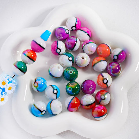 Glossy Acrylic Beads Poke Ball Design Japanese Anime Theme 16MM Solid Color