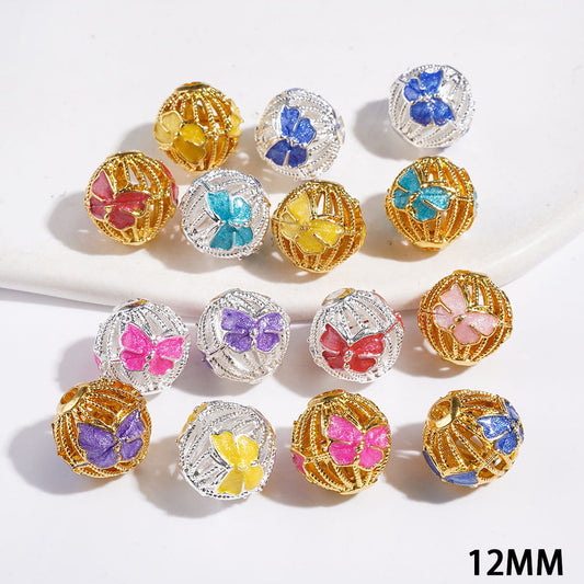Charming Diverse Colors Butterfly Hollow Round Shape Metal Beads, 12MM, Assorted Silver & Gold, Jewelry Accessories