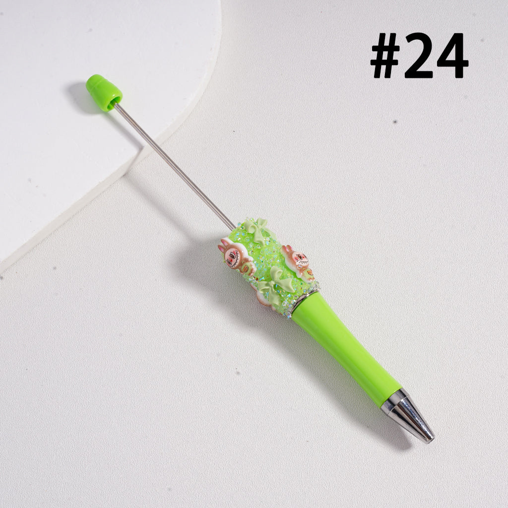 Beadable Pen with Cute Collectible  Monster Doll Pop Mar Glitter Bowtie Shiny Pearls Clear Sugar in Solid Color