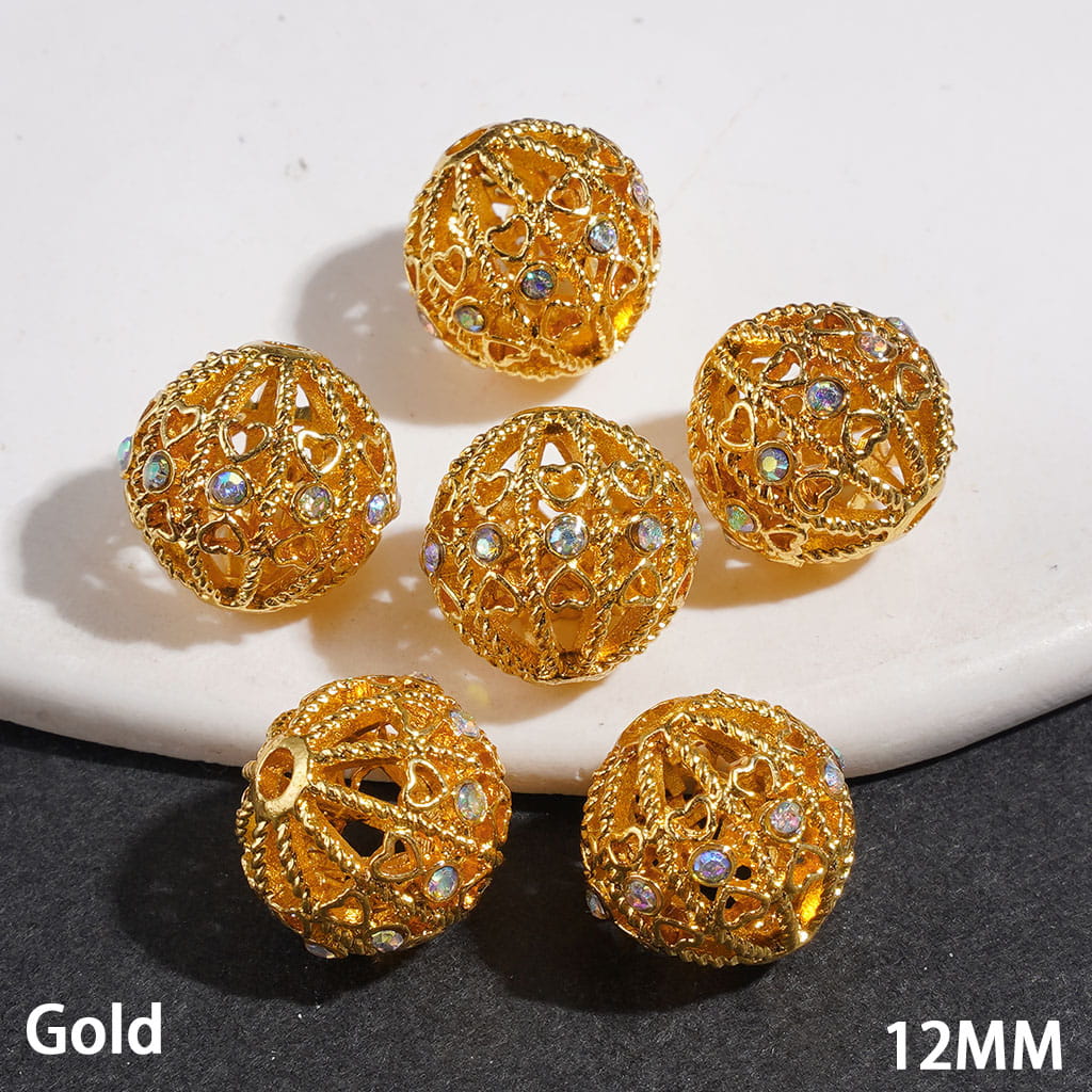 Elegant Heart Cutout & Sparkling AB Rhinestone Hollow Round Metal Beads, 12MM, Multicolor, Jewelry Accessories