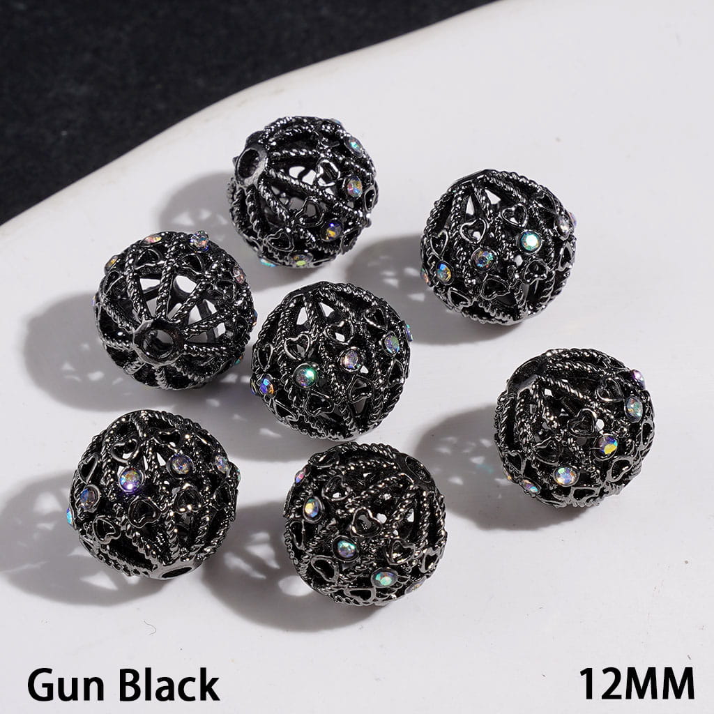Elegant Heart Cutout & Sparkling AB Rhinestone Hollow Round Metal Beads, 12MM, Multicolor, Jewelry Accessories