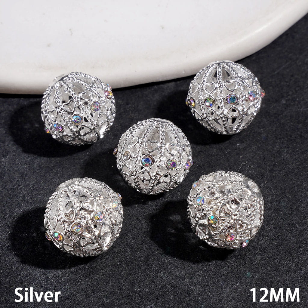 Elegant Heart Cutout & Sparkling AB Rhinestone Hollow Round Metal Beads, 12MM, Multicolor, Jewelry Accessories