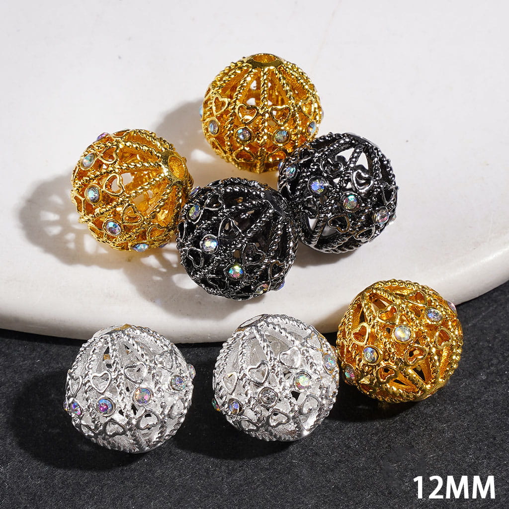 Elegant Heart Cutout & Sparkling AB Rhinestone Hollow Round Metal Beads, 12MM, Multicolor, Jewelry Accessories