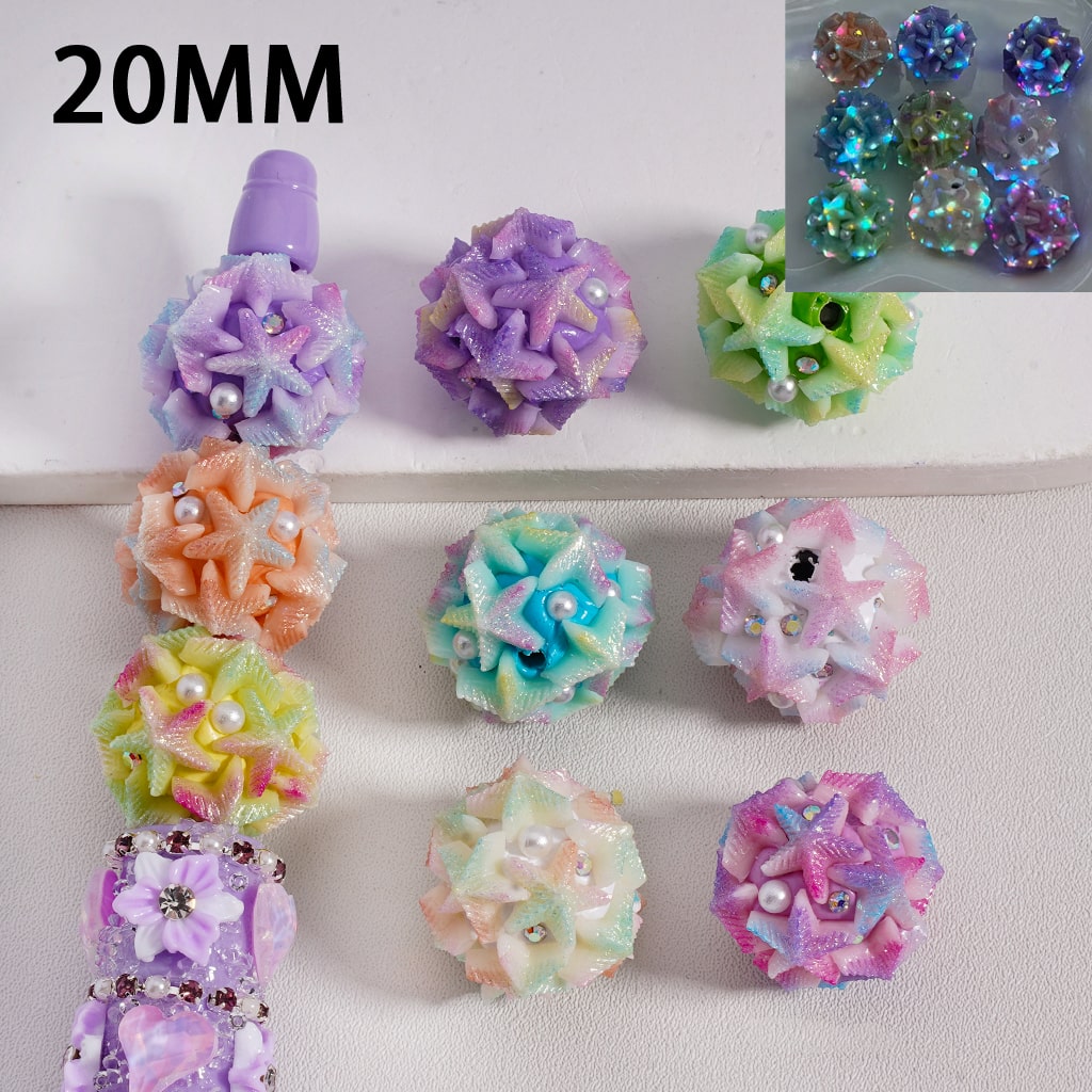 Luminous Starfish Star & Flower Pearl Glitter, AB Rhinestones, Shiny Clay Beads 20MM Multicolor Mix