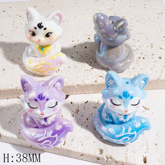 UV-Coated Beautiful Fox Character with Curling Tails Acrylic Beads, Height 38MM, Multi-Color, Random Mix