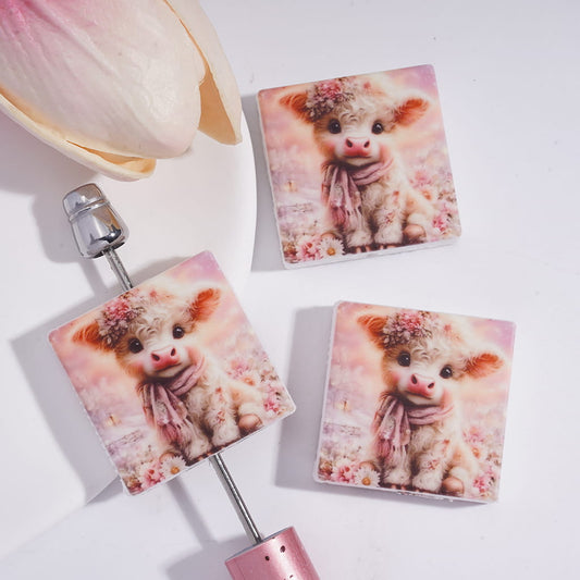 Cute Highland Cow Wearing Flowers Garland Pastel Pink, Flat Square Shape Silicone Focal Beads