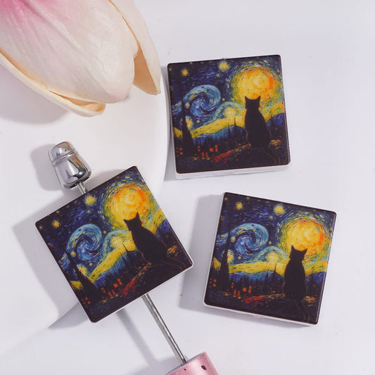 Impressionist Painters Works Black Cat Under Star Night, Flat Square Shape Silicone Focal Beads