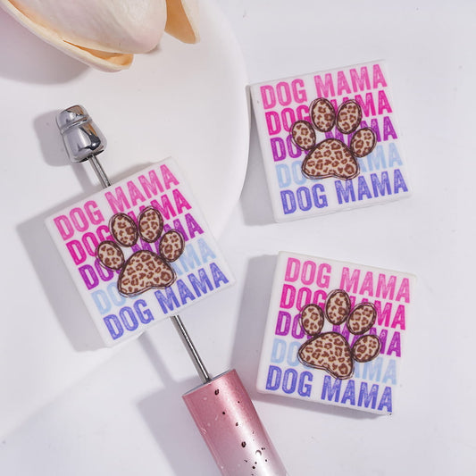 Flat Square Shape Silicone Focal Beads with Text "DOG MAMA" and Leopard Paw Prints