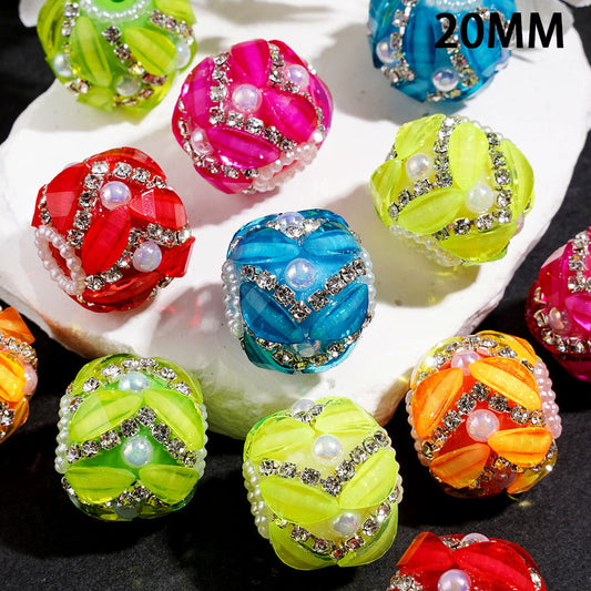 Luxury Leaf Rhinestones & Half Faced Pearls with Clear Rhinestone & White Pearl Chains, Handmade Acrylic Beads, 20MM, Neon Colors Random Mix